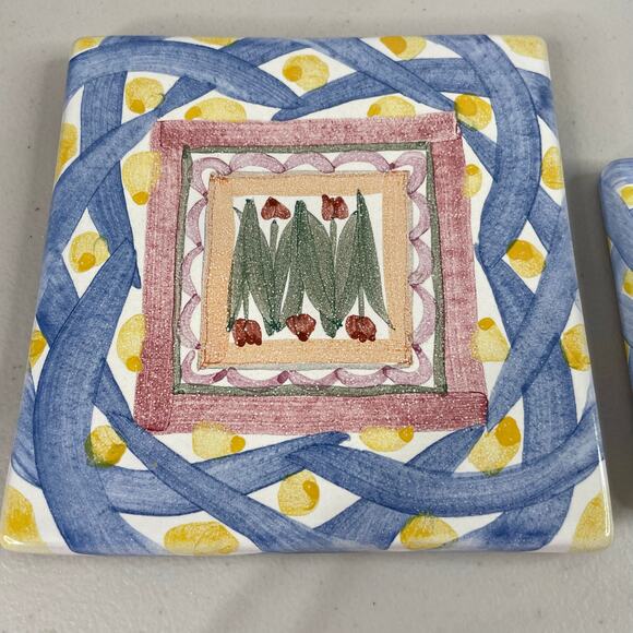Mackenzie Childs 6X6 & 4X4 Aaslmeer Tiles Trivet Tulips Pastel Floral set of 2 - Picture 2 of 8